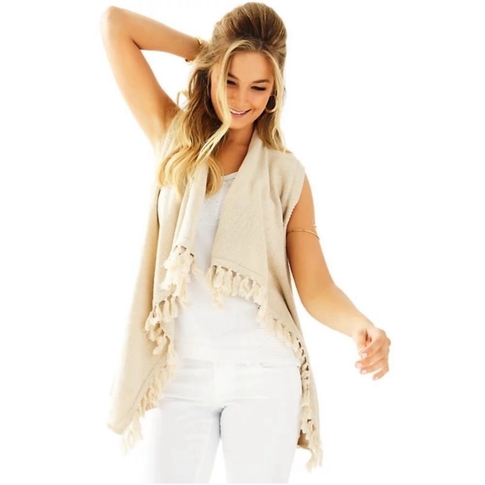 Lilly Pulitzer Cream Fringed Open Front Sweater Vest